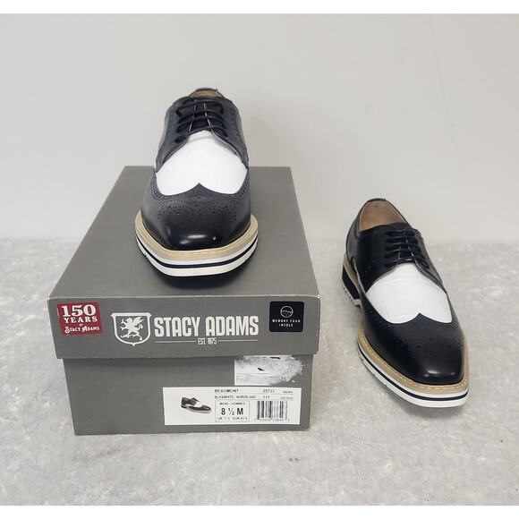 NWT STACY ADAMS Beaumont Mens Black & White Wingtip Oxford Shoes-Size 8.5M